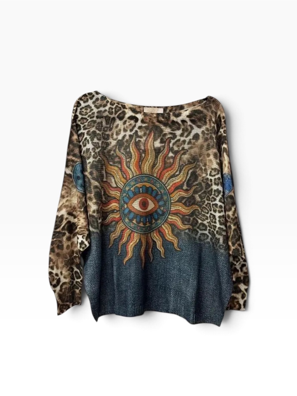 Italian Made Leopard Sun Eye Graphic Lightweight Viscose Blend Sweater